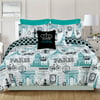 Bedding King 7 Piece Comforter Bed Set, Paris Eiffel Tower London, Teal Blue