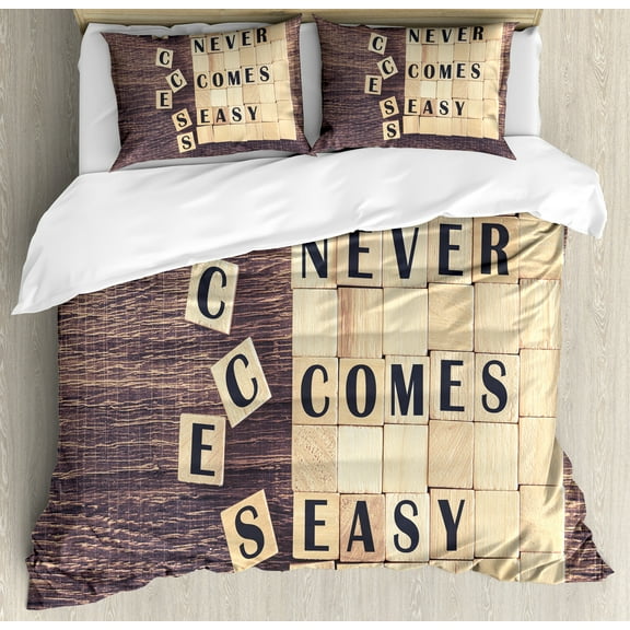 Inspirational Duvet Cover Set, Success Never Comes Easy Words on Scribble Lifestyle Saying Print, Decorative 3 Piece Bedding Set with 2 Pillow Shams, Calking Size, Umber Sand Brown, by Ambesonne