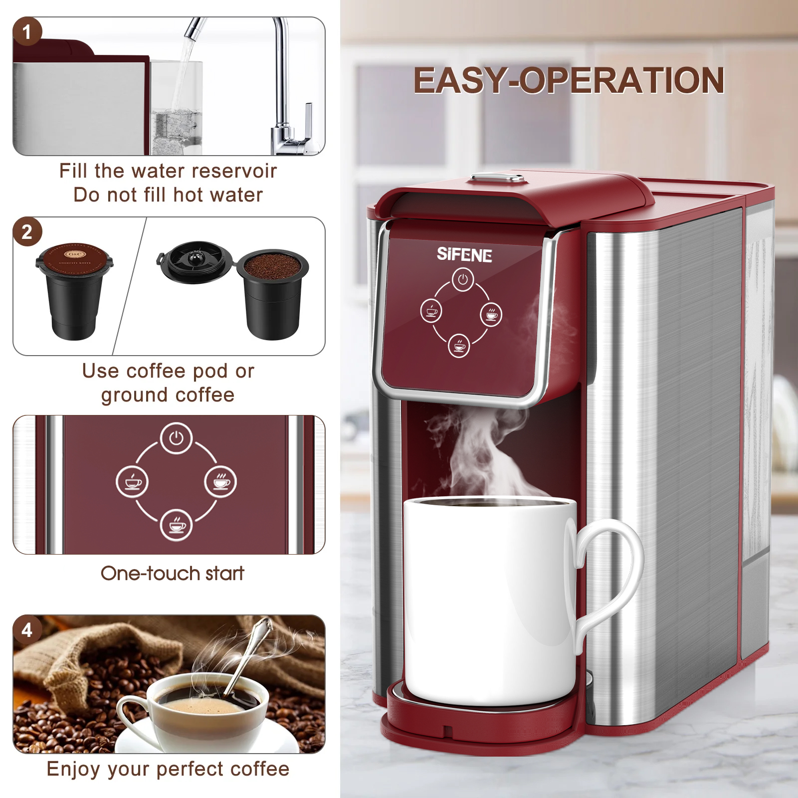 SIFENE 3-in-1 Single Serve Coffee Maker, Red photo 7