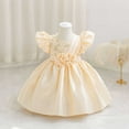 thumbnail image 2 of SERTG Little Girls' Party Dress Sheer Paneled Skirt with Back Zipper Short Sleeve Round Neck Princesse Outfit for 6 Months-4 Years(Beige,12 Months), 2 of 6
