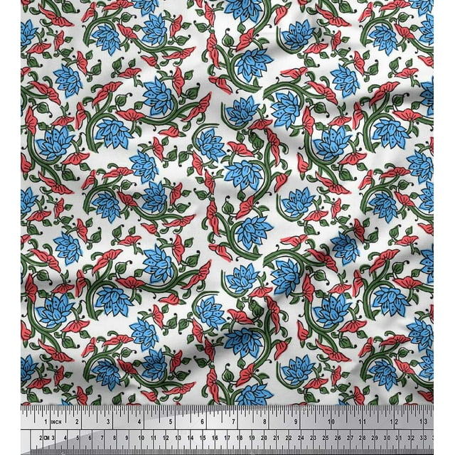 Soimoi Georgette Viscose Fabric Leaves & Lotus Block Printed Fabric 1 Yard 42 Inch Wide
