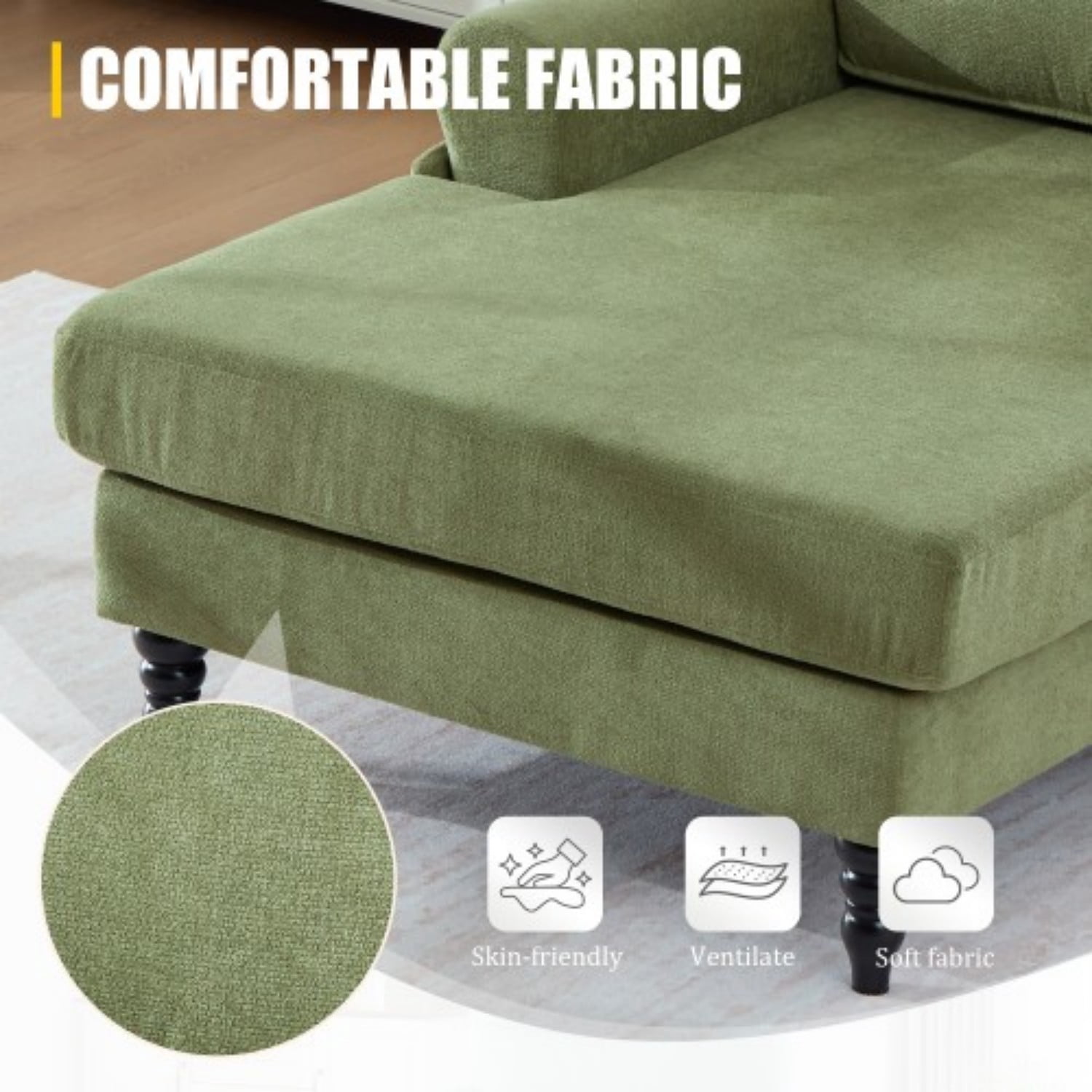 Chenille Chaise Lounge Chair, Oversized Upholstered Recliner Sofa with Wide Seat, High Density Foam Backrest, Solid Wood Legs & Side Pockets for Living Room, Bedroom, Office, Olive Green