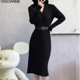 thumbnail image 1 of Vigonne 2025 Robe Tricotée à Col en V pour Femme Printemps Automne Manches Longues Robe de Soirée Serrée Longue, 1 of 5