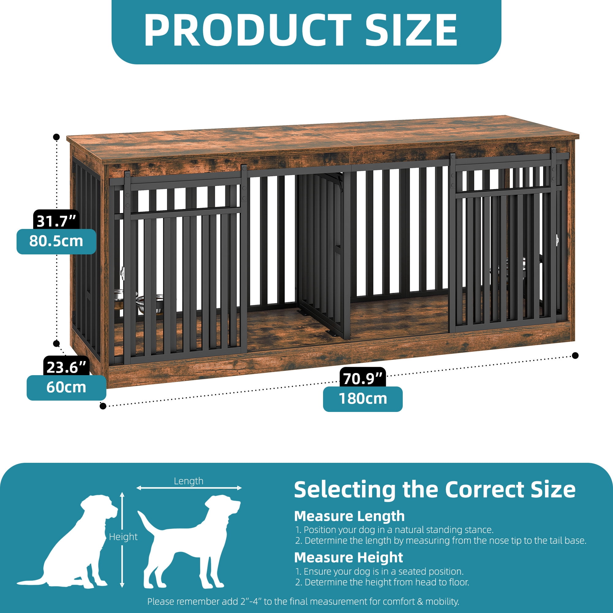 Uforic 71" Double Dog Crate Furniture, Heavy Duty Wood Dual Kennel TV Stand with Sliding Doors & Dog Bowls (Rustic Brown)