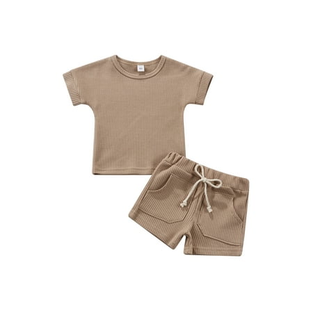 

Canrulo Summer Infant Baby Girl Boy Waffle Clothes Short Sleeve Ribbed Top T-shirt Shorts Pants 2Pcs Set Camel 3-4 Years