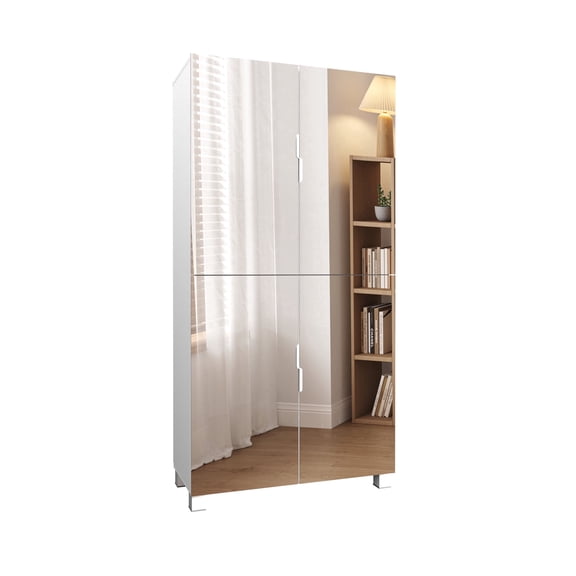 FacilehomeMirror Shoe Cabinet with 4 Swing Doors, Narrow Entryway Shoe Storage Cabinet with Shelves, Space-Saving Hallway Shoe Organizer, 50" Height Shoe Cupboard,White