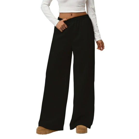 WTOBBY Women's Loose Comfortable Casual Plush Wide Leg Pants, High Waisted Solid Color Fleece-Lined Winter Trousers with Elastic Waistband,Black L