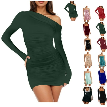 Women Solid Color Single Neck Backless Pleated Bag Hip Casual Dress One Shoulder Women Dresses Casual Single Neck Dress Dresses For Women Midi Length Mid Length Dress