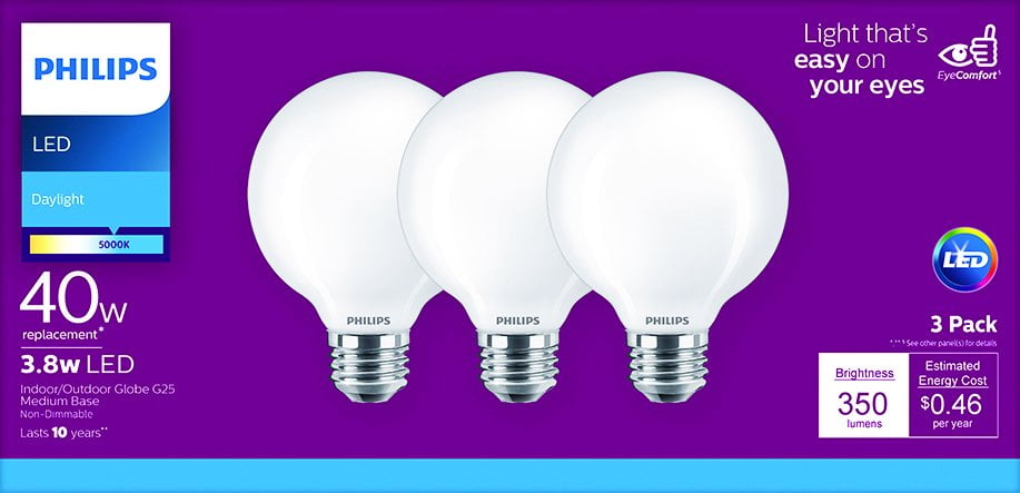 Philips LED 40-Watt G25 Globe Light Bulb, Frosted Daylight, Non-Dimmable, E26 Medium Base (3-Pack)