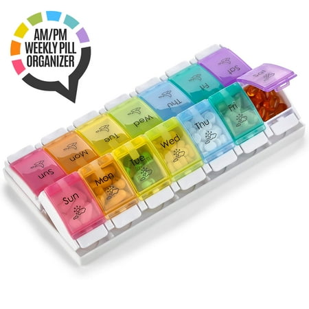 7 Day AM PM Pill Organizer - with Push Button Assisted Open a Daily Travel Pill Box Case Planner and Large Compartments for Medication Vitamins Fish Oil & Supplements, BPA