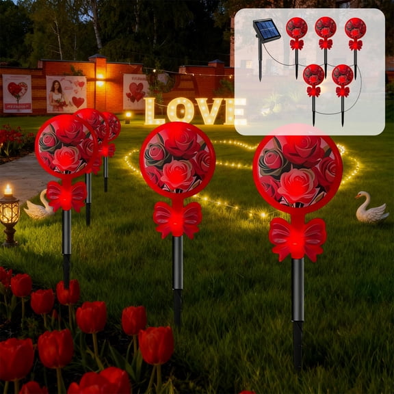 DAMAI 6 IN 1 Solar Garden Lights with 3D Love for Valentines Day Decor, Outdoor Waterproof Heart Shaped Light for Garden Pathway Flowerbed Cemetery Grave Porch Walkway