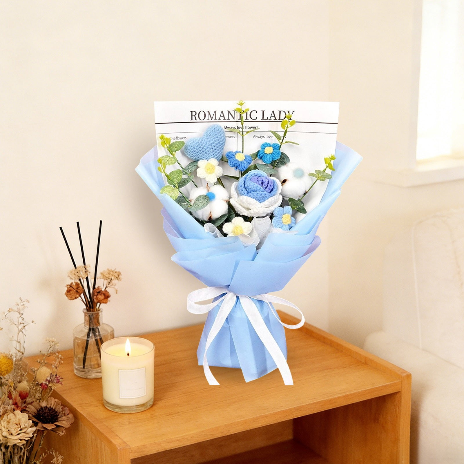 Knitted Flower Bouquet Handmade Tulip Rose Daisy Crochet Flowers, Gift for Mother's Day Graduation Birthday Teacher Appreciation Home Decor Artificial Bouquet
