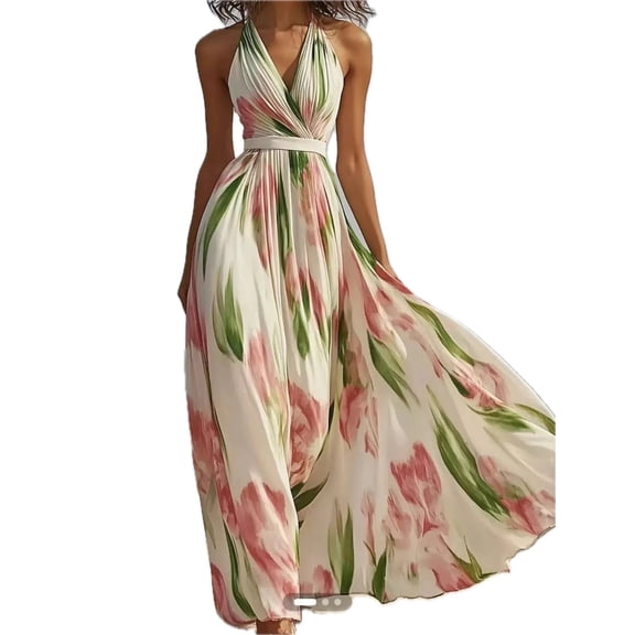 Women's Floral Print Halter Neck Maxi Dress with Tied Front Smocked Back Flowing Silhouette Polyester Fabric 100%