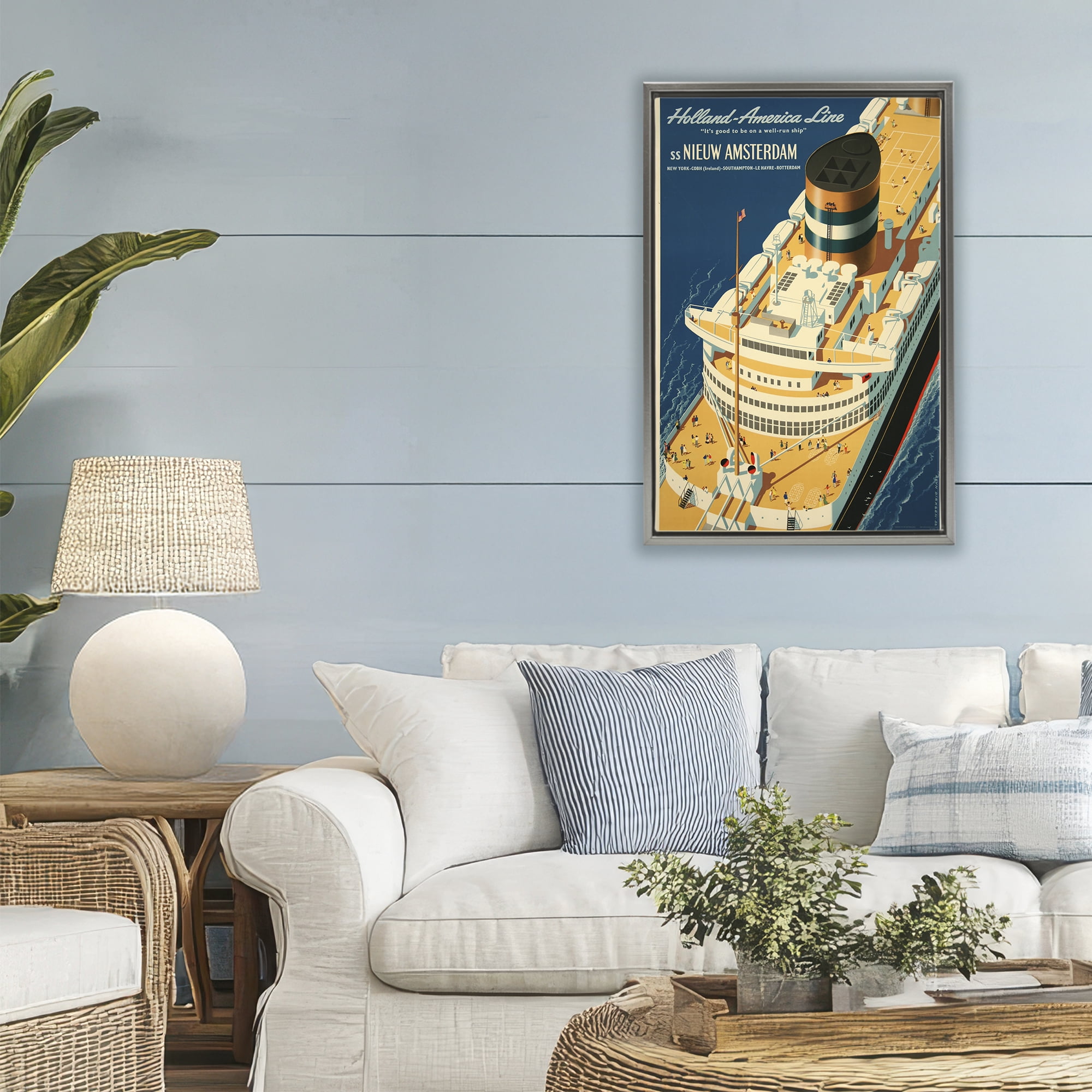 Stupell Industries Nieuw Amsterdam Cruise Ship Gray Framed Floater Canvas Wall Art, design by Vintage Posters