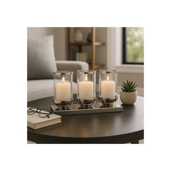 Sagebrook Home Sleek 3-Candle Centerpieces for Tables - Elegant Metal and Glass Candle Holder for Pillar and Taper Candles - 9", Silver