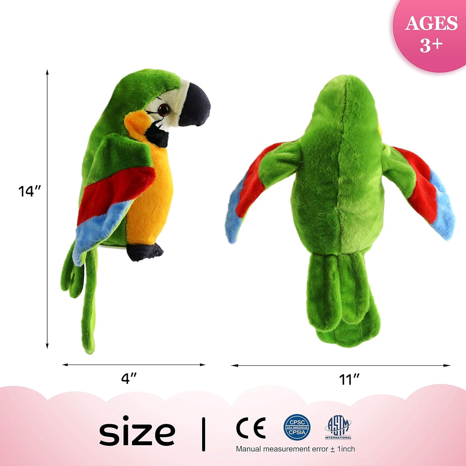 Houwsbaby 9'' Green Electronic Musical Talking Parrot Plush Toy,Interactive Toy,Recording Stuffed Animal Repeat What You Say Shake Wings Macaw Record Bird Toy for Kids Boys Girls