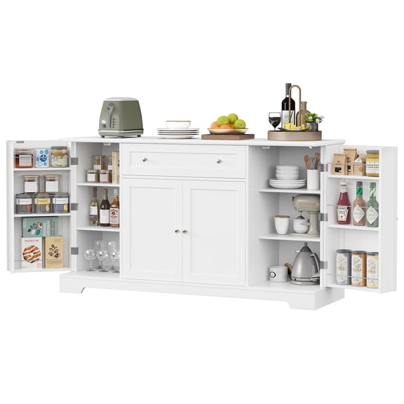 Homfa 54.3"W Kitchen Storage Cabinet with Adjustable Spice Racks, 4 Door Buffet Sideboard with Large Drawer, Coffee Bar for Dining Room, White