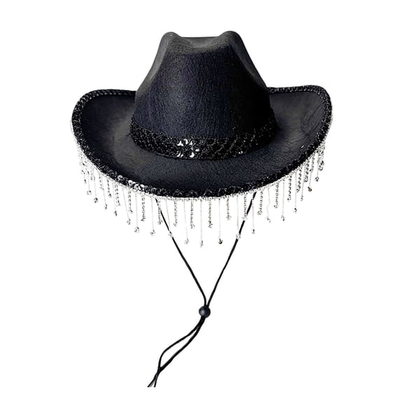 HJYCHN Sparkling Sequin Tassel Cowboy Bowler Hat for Western Party Performance and Stage Shows Black One Size