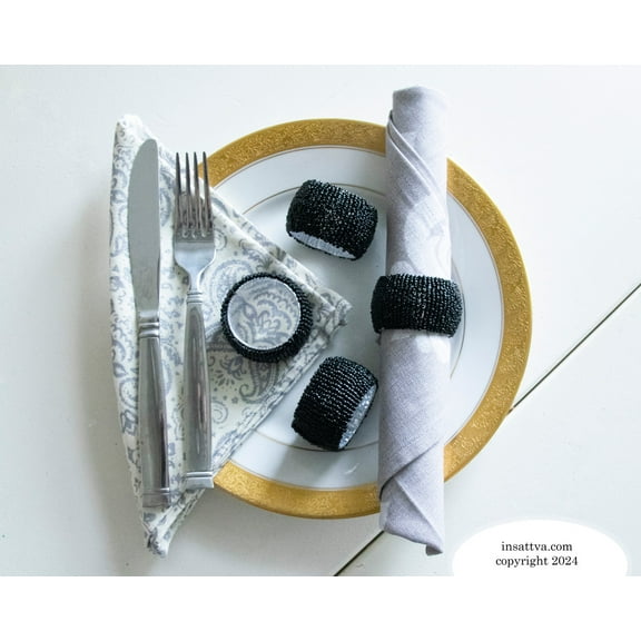 Rangeene Handmade Finely Beaded Black Dining Napkin Rings; Black; Set of 8