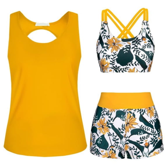 3 Piece Tankini Swimsuits for Women Tummy Control Bathing Suits Swim Tank Top with Bra Boy Shorts Teen Swimwear 2026 Yellow 3XL