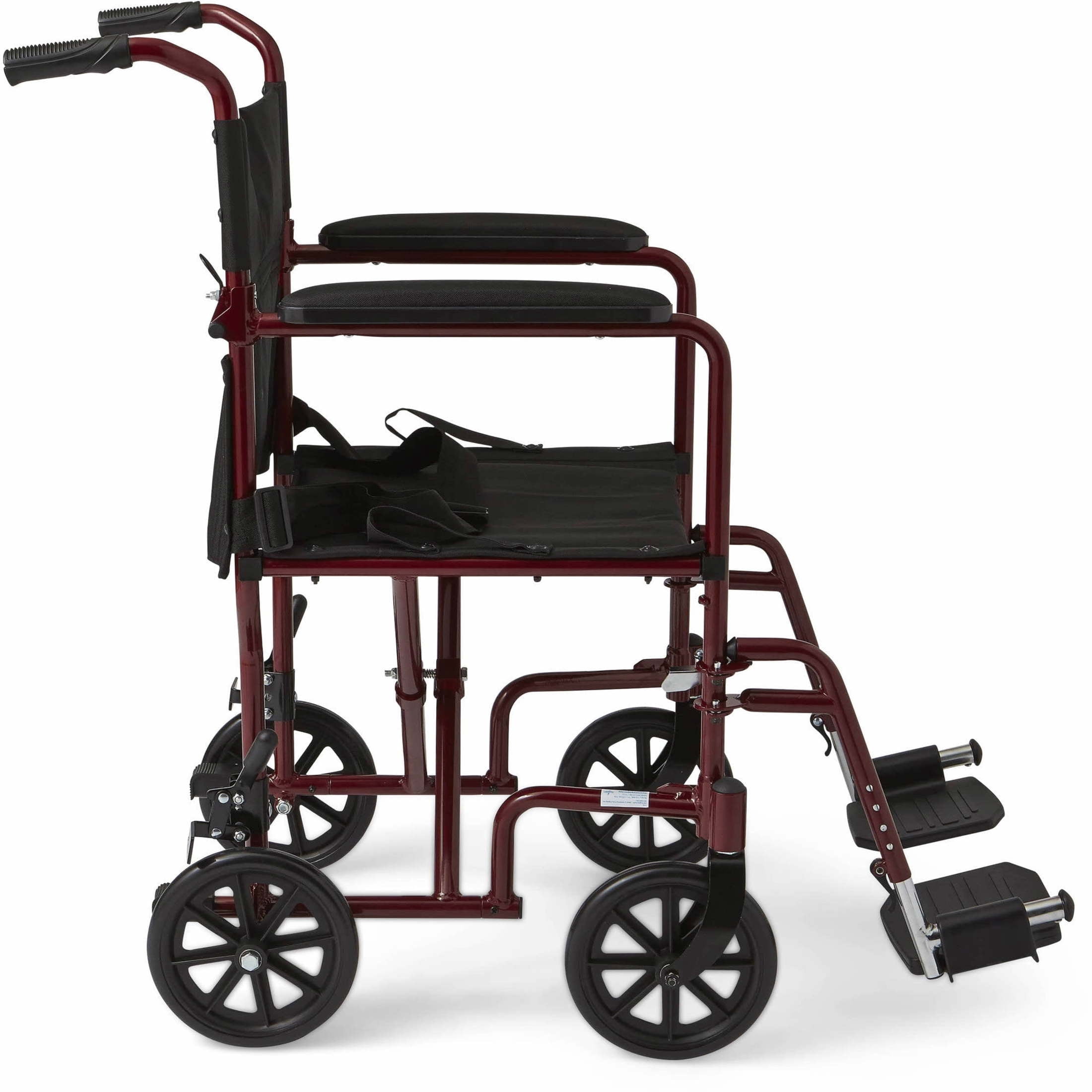 Medline Aluminum Transport Wheelchair with 8 in Wheels, Swing Away Footrests and Permanent Full-Length Arms, Red