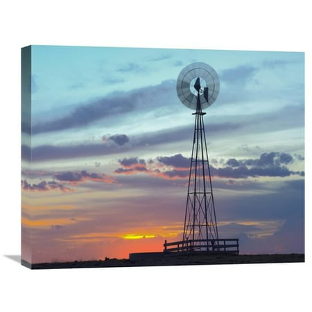 Orange Windmill - Global Gallery Nature Photographs Windmill Producing Electricity at Sunset Example of Renewable Energy, North America Photographic Print on Wrapped Canvas