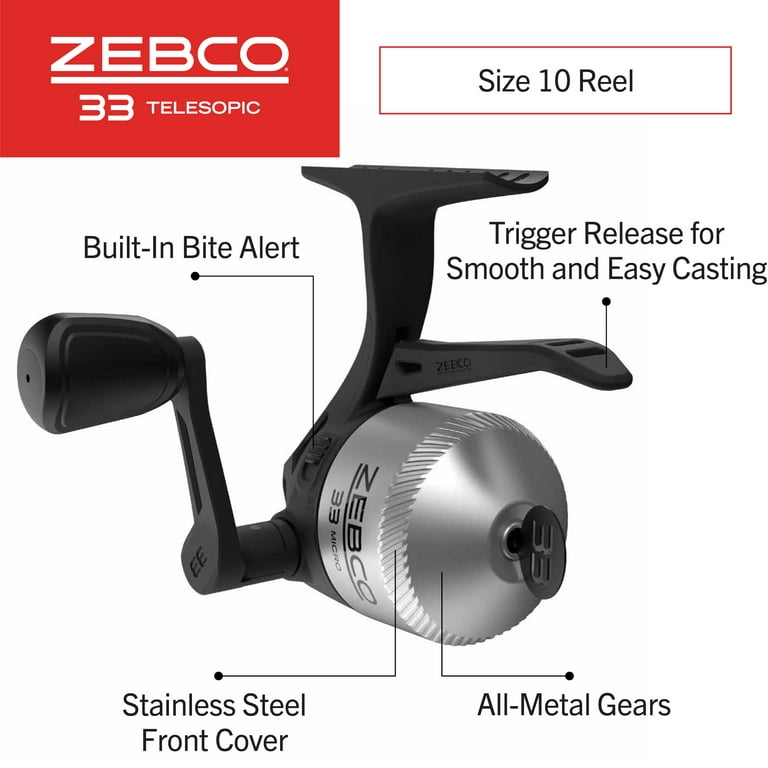 Zebco 33 Micro Trigger Spincast Reel and Telescopic Fishing Rod Combo, Extendable 19-Inch to 5-Foot Rod, Size 10 Reel, Silver/Black - Walmart.com Zebco 33 Micro Trigger Spincast Reel and Telescopic Fishing Rod Combo, Extendable 19-Inch to 5-Foot Rod, Size 10 Reel, Silver/Black - Walmart.com