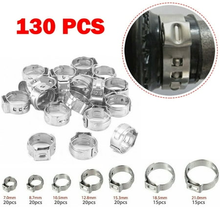 

LIKEM 130Pcs 304 Stainless Steel Hose Clamps 7-21mm Adjustable Single Ear Clamp Rings