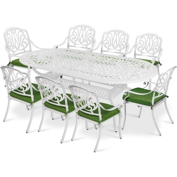 VIVIJASON 9-Piece Outdoor Furniture Dining Set, All-Weather Cast Aluminum Patio Conversation Set Include 8 Cushioned Chairs and an Oval Table with Umbrella Hole for Lawn Backyard (White/Green Cushion