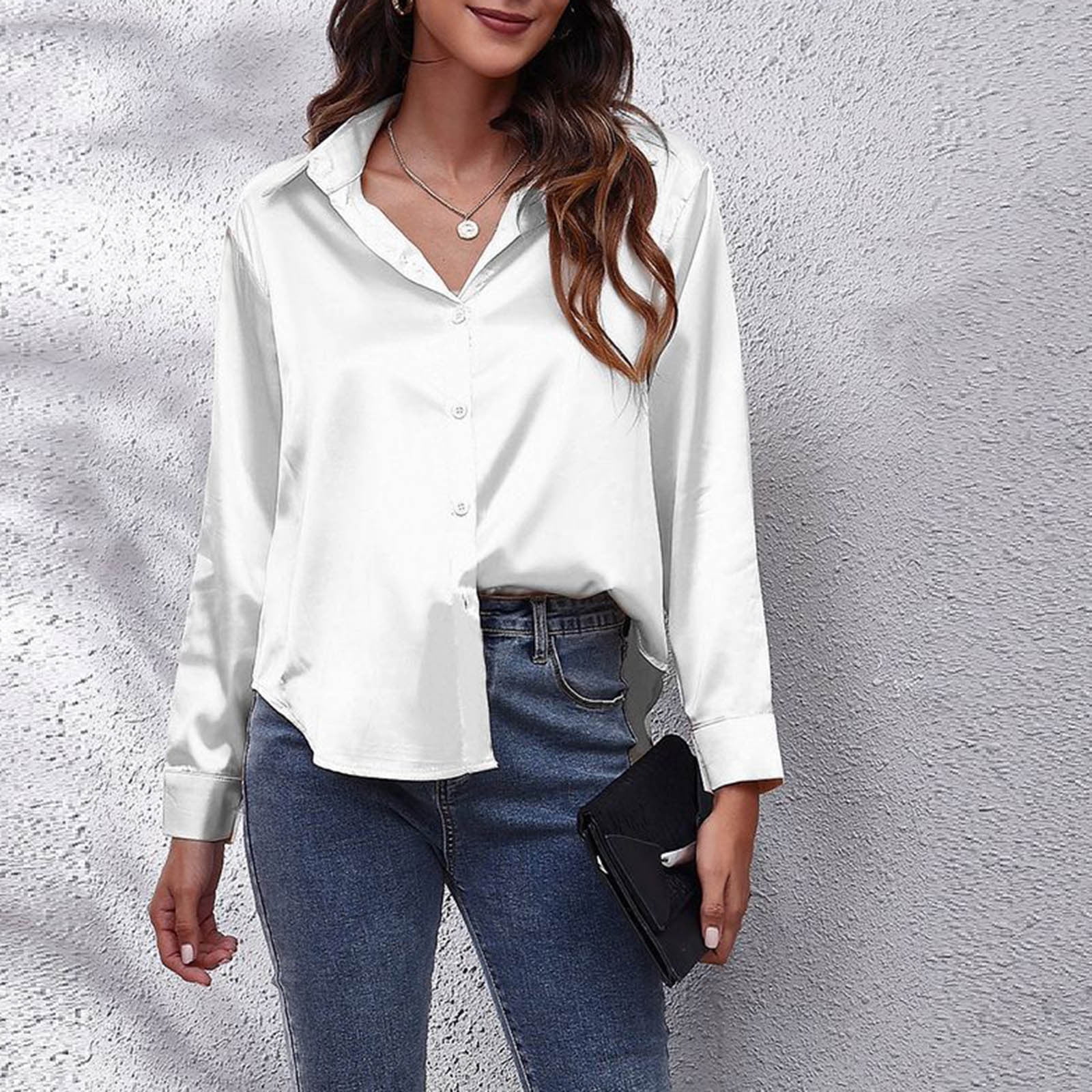 Women Satin Shirt Button Down Long Sleeve Tops Collared Solid Silk
