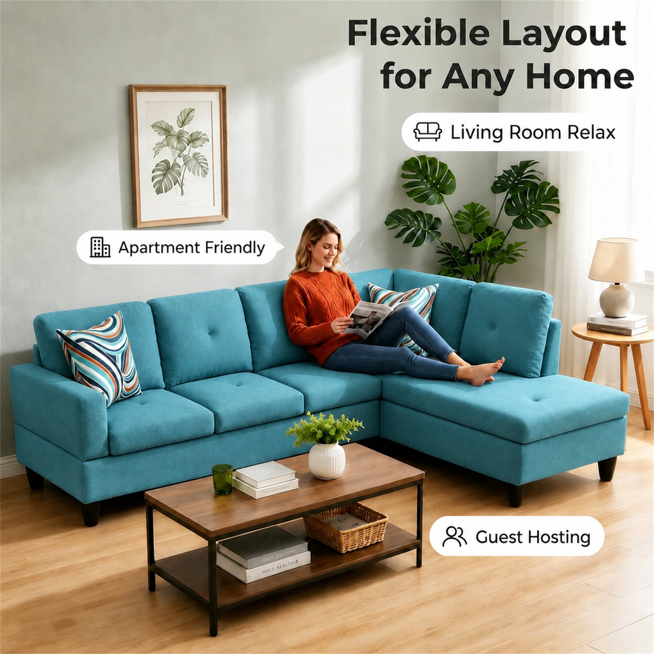Aukfa 97" Classic Sectional Sofa 4 Seat L shape Couch for Living Room, 2Pillows, Oversized Right Chaise, Linen, Aqua Blue