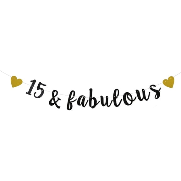 Black 15 & Fabulous Glitter Banner,Pre-Strung,15th Birthday/Wedding Anniversary Party Decorations Bunting Sign Backdrops,15 & Fabulous