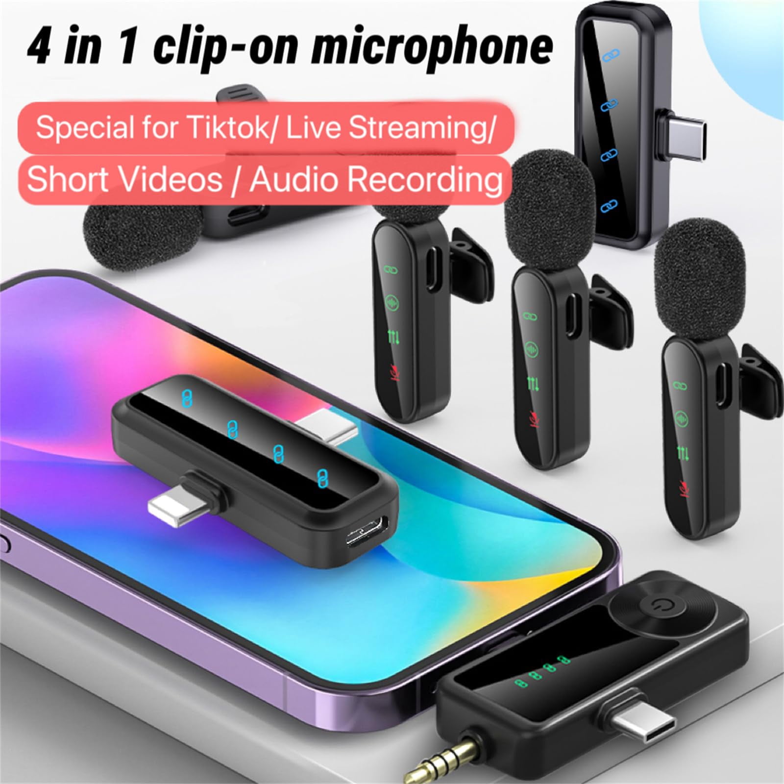 3 in 1/Four in one Wireless Lavalier Microphone for iPhone iPad Android Camera computer mini Noise Reduction Recording Mic Ultra-Low Delay Mic for Video Recording Podcasts YouTube TikTok and Vlogging
