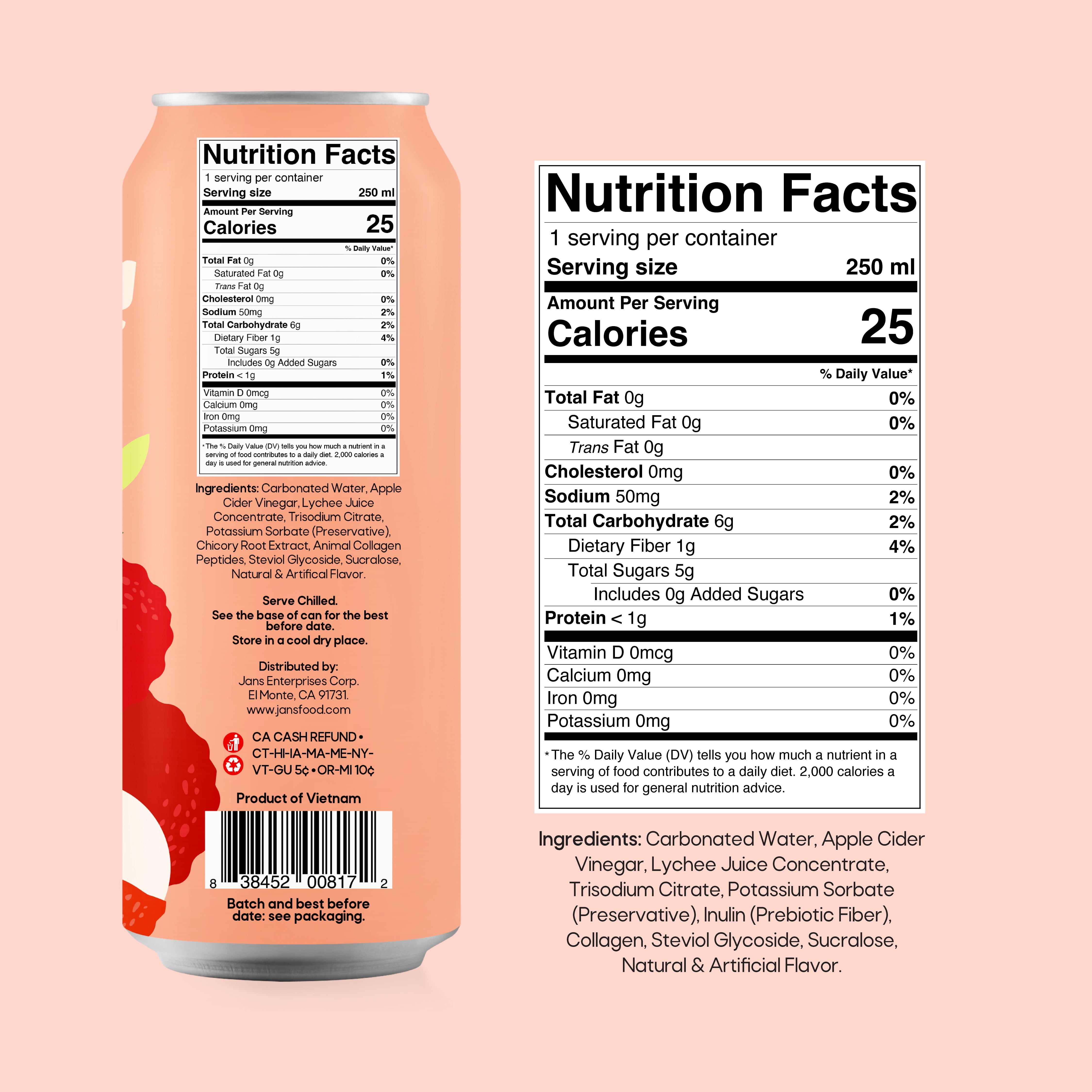 Jans Sparkling Prebiotic Soda Beverage, 8.4 oz Cans – Low Calorie, No Added Sugar – Non-GMO Sparkling Fruit Beverage – Gut Health Support – Naturally Refreshing (6-Pack, Lychee with Collagen)