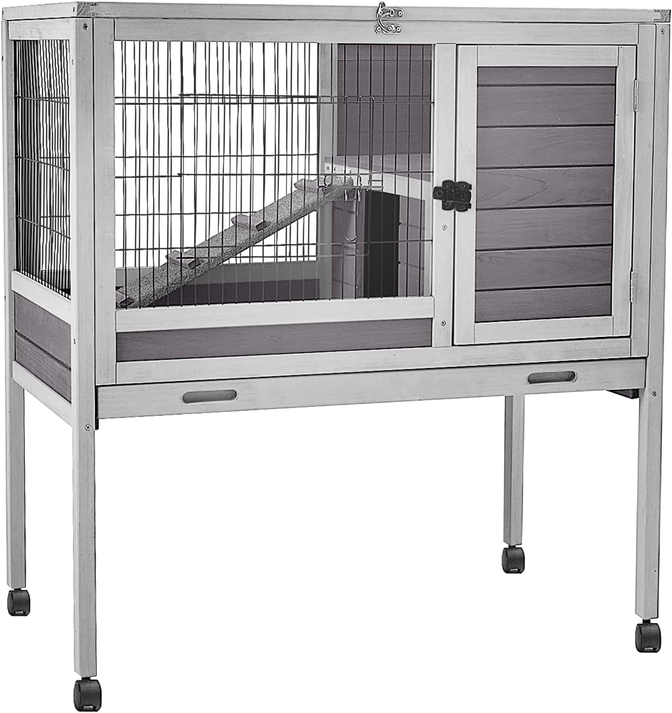 BUTINGLALE Guinea Pig Cage with Wooden Stand,Indoor Rabbit Hutch with 2 Stories, Hamster Cage with Anti Chew Ramp, Hideout, Platform, Pull Out Tray (Grey+Wheel)