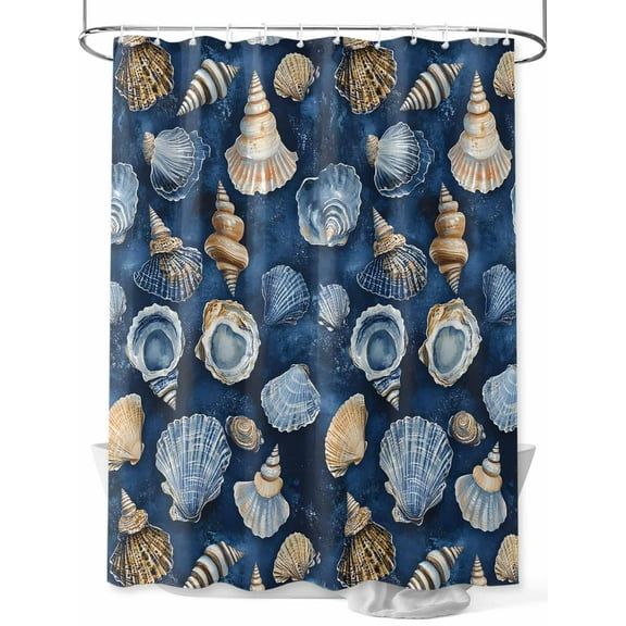 Fsddascl Navy Blue Coastal Shower Curtain Set - 72" x 78" Washable Bathtub Curtain with 12 Hooks, Nautical Summer Beach Shell Conch Waterproof Fabric Stall Shower Curtains for Bathroom/Bathtub