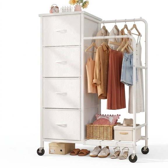 melmine 3-in-1 Tall Dresser with Double Clothes Rack & 4 Fabric Drawers Closet Organizer Dresser for Bedroom, White