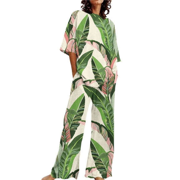 Women's Pajama Sets Short Sleeve Sleepwear Loungewear Summer Outfits For 2 Cotton Linen Set Oversized T Shirts Straight Leg Pant Tracksuit Plus Size Womens Clothing