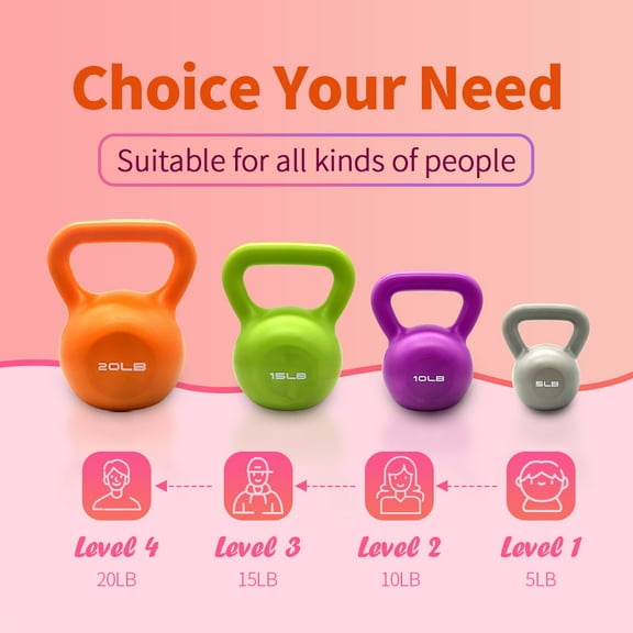 Vinyl Coated Kettlebell Set (1/4-Piece,20lb/5lb &10lb &15lb )-Wide Grip Handle Home Gym Strength Training Weights