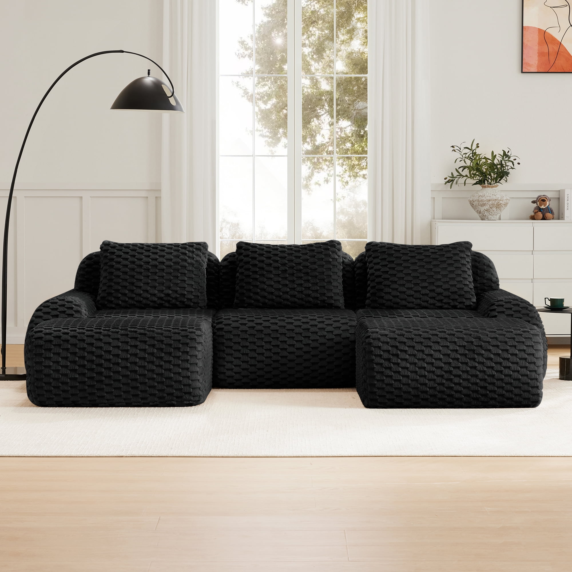 MAYEERTY 114" U-Shaped Modular Couch, Textured Flannelette, Movable Ottoman, Anti-Slip, No Assembly, Black