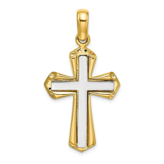 FB Jewels 14K Yellow Gold White Cross In Yellow Frame High Polish Pendant