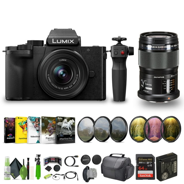 Panasonic Lumix G100D Appareil Photo Sans Miroir 4K pour Vlog avec Poignée Trépied, Trousse Youtube pour Vlog avec Objectif M.Zuiko Numérique ED 60mm f/2.8 Macro Micro Quatre Tiers et Objectif 12-32mm + Accessoires pour Vlog