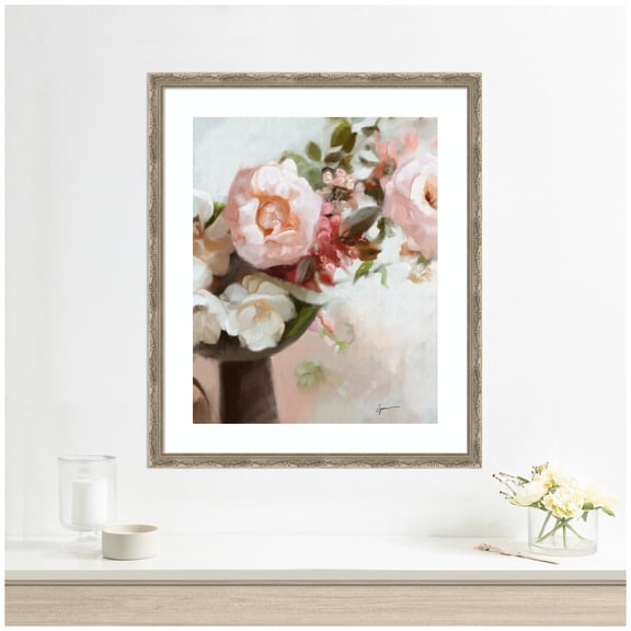 Kate and Laurel Framed Wall Art Print Everythings peachy  by Mary Sparrow, 22 x 26, Mila Dark Silver Frame, Traditional, Flower Art for Wall Decor