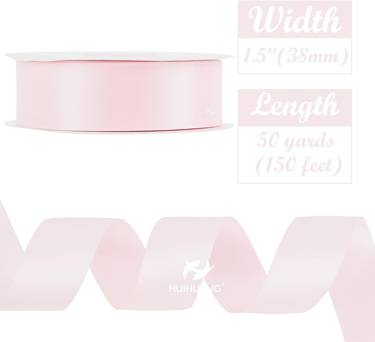 Baby Pink Ribbon Satin 1-1/2" Wide Double Face Polyester Satin Ribbons for Crafts, Thick Silk Ribbon for Gift Wrapping Hair Bows Floral Bouquet Cake Box Baby Shower Decor Party-50 Yards