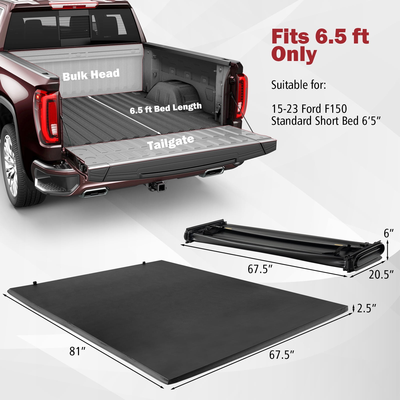 Costway 6.5ft Soft Quad-Fold Tonneau Cover for 15-23 Ford F150 Standard Short Bed
