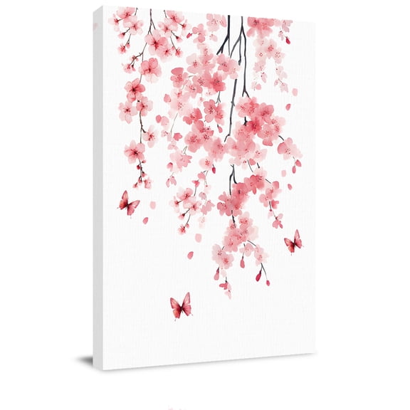 Canvas Wall Art, Pink Flowers Butterfly Framed Canvas Prints for Bathroom Hallway, Watercolor Spring Botanical Branch Small Gallery Wrapped Wall Decor for Home Office, Gifts, 8"x10" Ship Next Day