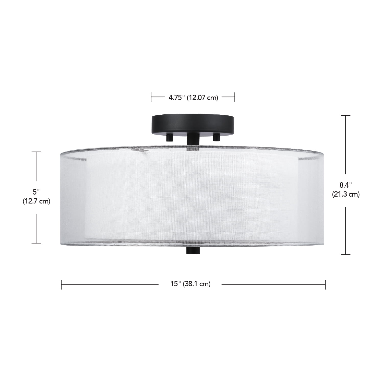 Globe Electric 2-Light Matte Black Indoor Semi-Flush Mount Ceiling Light, Linen and Organza Shade