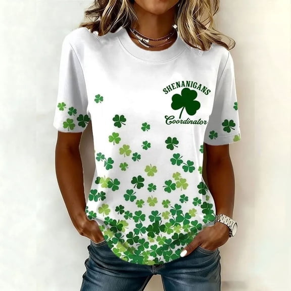 Ichuanyi St Patricks Day Round Neck Short Shirts for Women Green Lucky Graphic Shirt Casual Short Sleeve T Shirt Tops Pullover Casual Tee