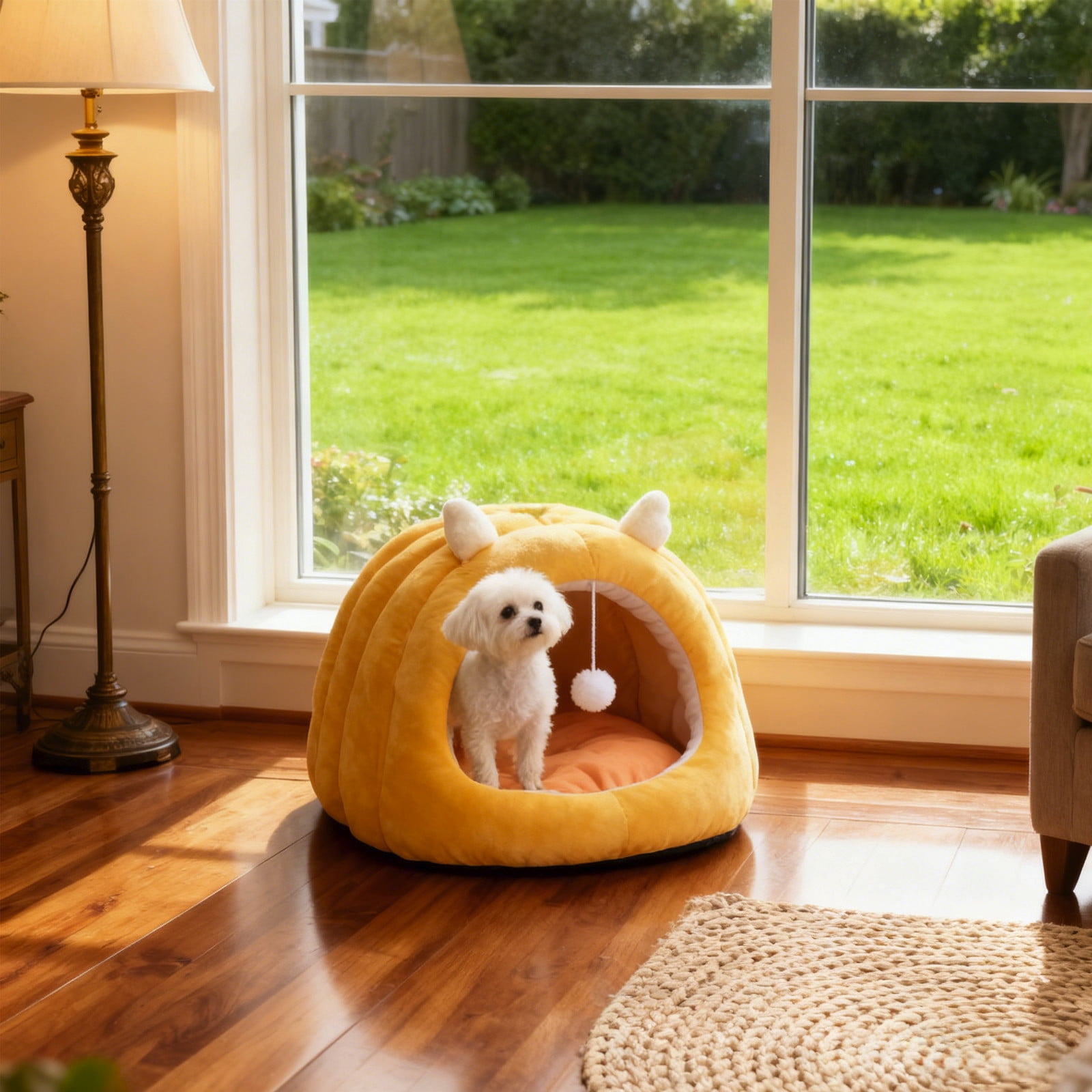 Winter Warm Pet Bed for Cats & Small Dogs, 15.75x13.78in Semi-Enclosed Plush Cave with Removable Cushion, Calming & Anti-Anxiety Yellow