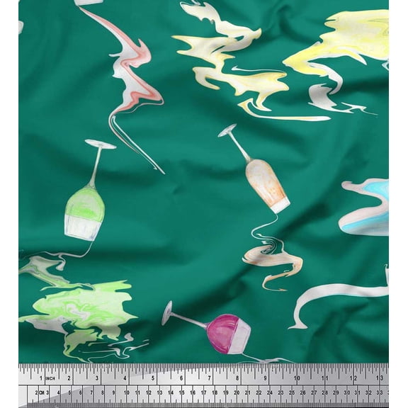 Soimoi polyester Crepe Fabric Brush Stroke & Wine Glass Bar Print Sewing Fabric Yard 42 Inch Wide